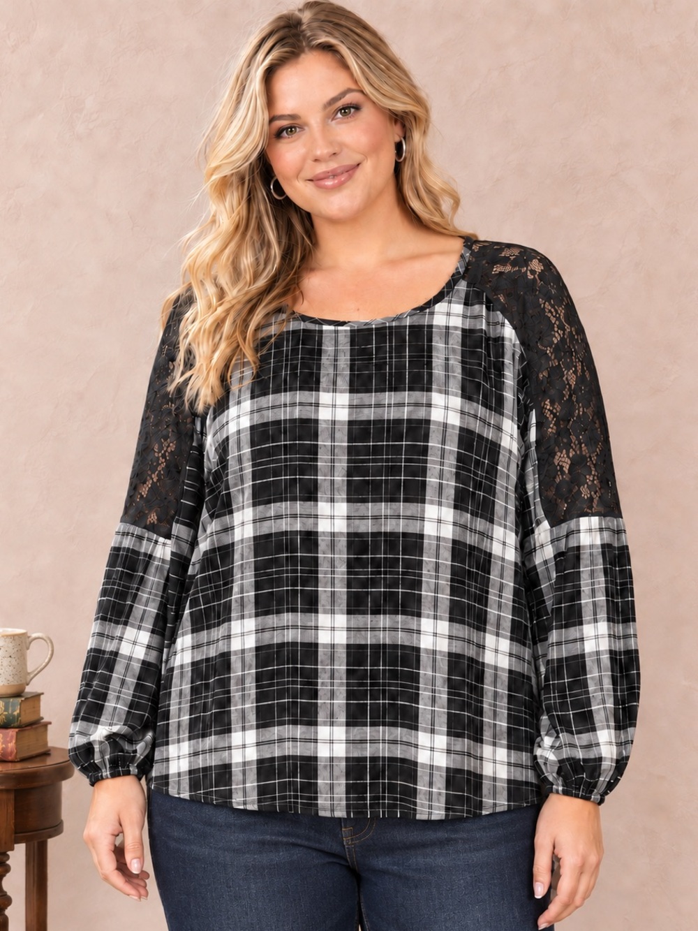 Lane Bryant Plaid Lace Sleeve Top Black White Soft Flannel Look 1X